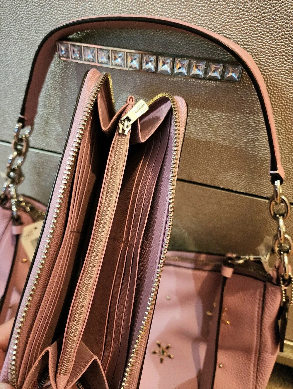 Coach Pink Crystal Rhinestone Shoulder Hobo Purse Floral Elle Wallet New SET